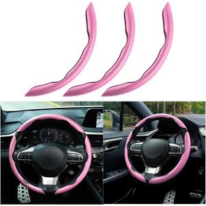 Mandark 3PCS Carbon Fiber Car Steering Wheel Cover, Anti-Skid Leather Vehicle Segmented Steer Wheel Protector, Auto Interior Protection Guard Accessories, Universal for Most Cars (Pink)