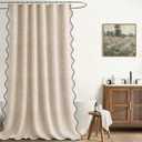 Linen Shower Curtain Beige Cute Black Scalloped Boho Modern Shower Curtains for Bathroom Set, 72" W x 72" L