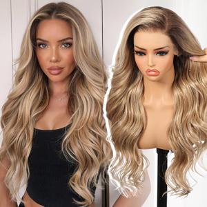 KOME Dirty Blonde Synthetic Lace Front Wig,136 Pre Plucked Curly Glueless Wigs for Women Daily Party Use 26IN(#TT6/1603)
