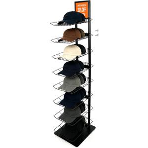 8 Tier Metal Hat Display Rack, Metal Hat Stands,Holds Up to 70 Caps, Anti-Tip Safety Chain, Top Advertising Panel, Commercial Retail Display