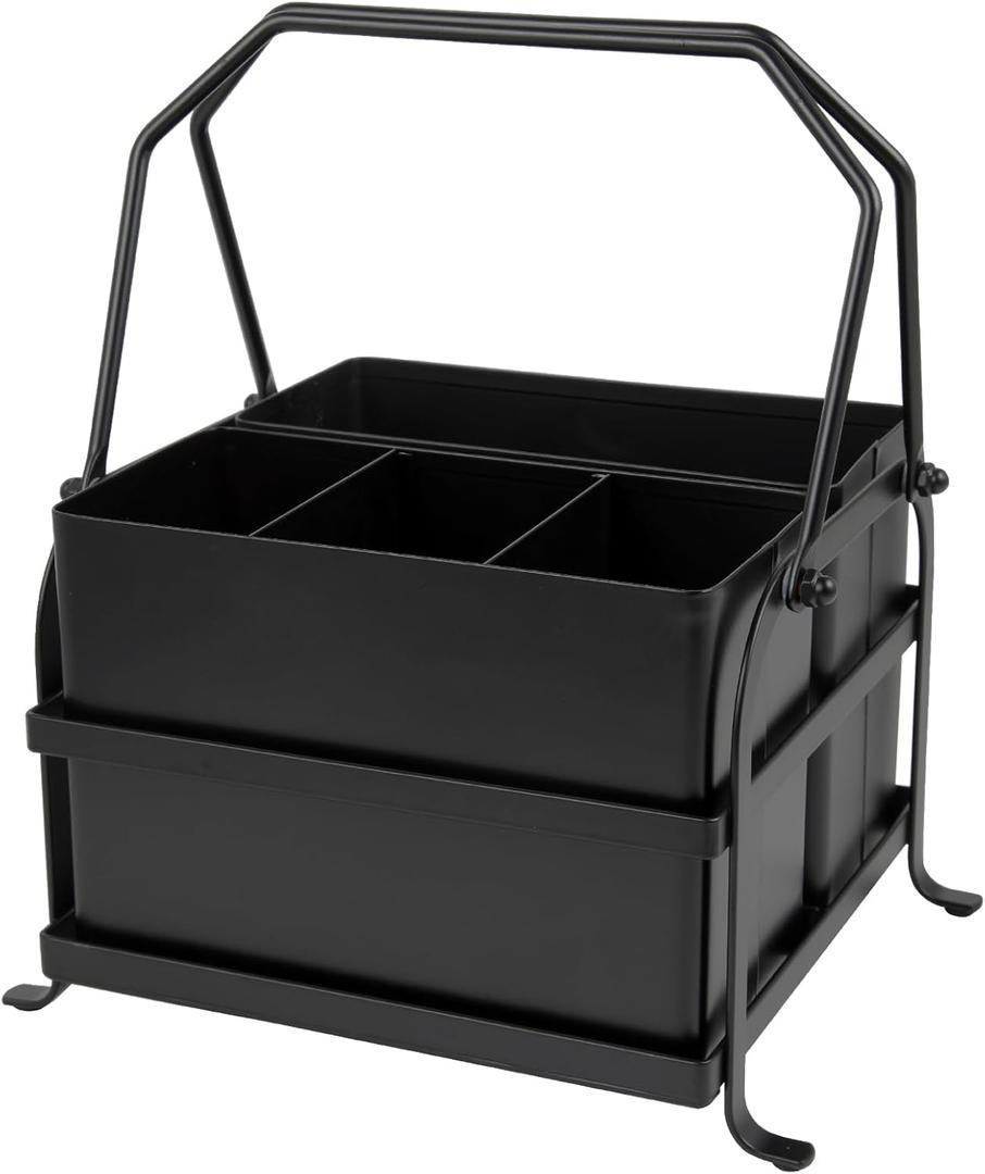 Silverware Caddy Utensil Organizer With Handle, Outdoor Picnic and Camping Utensil Holder, Flatware Holder for Party Gatherings, Metal - Black