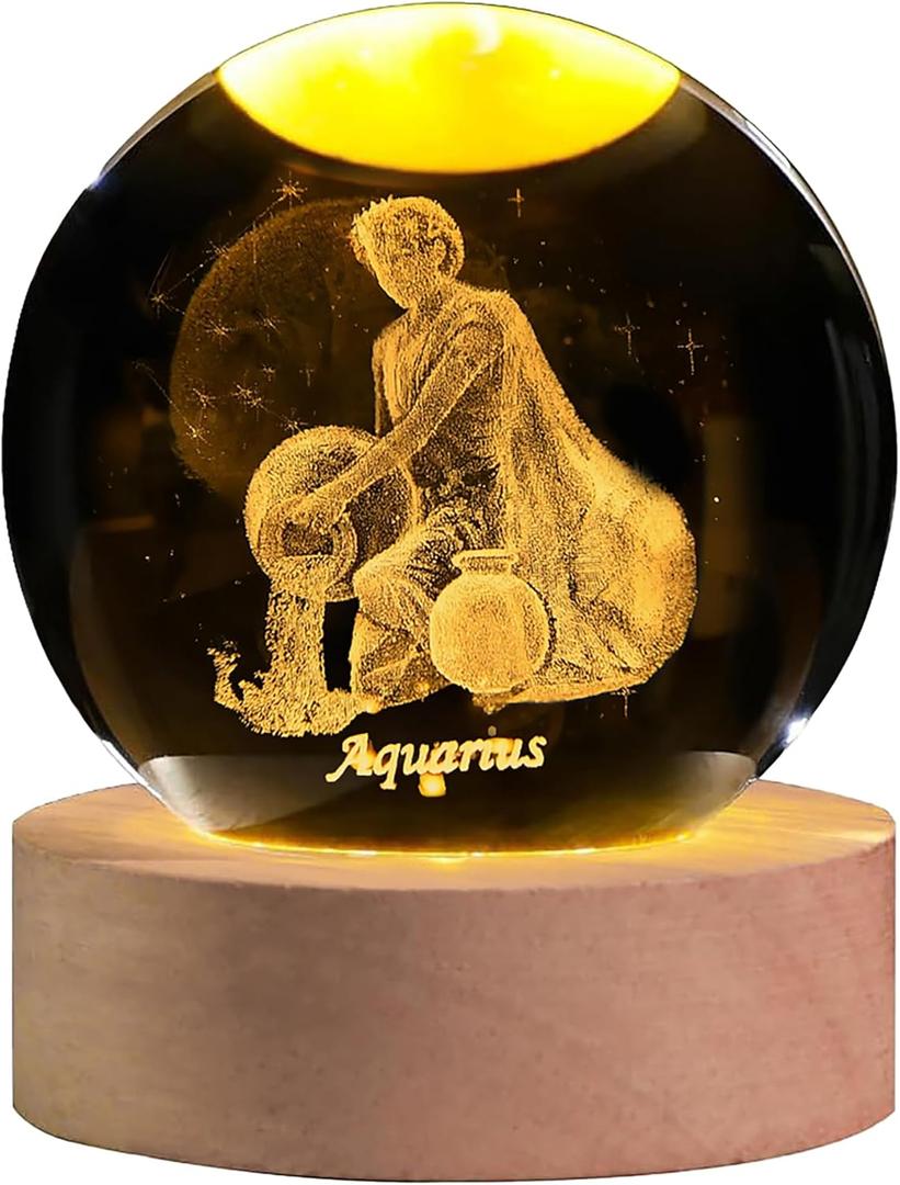 QIANCHANG Aquarius Crystal Ball with Wooden Light Base, 60mm 3D Laser Etched Constellation Glass Sphere Decorative Balls Paperweight Gift