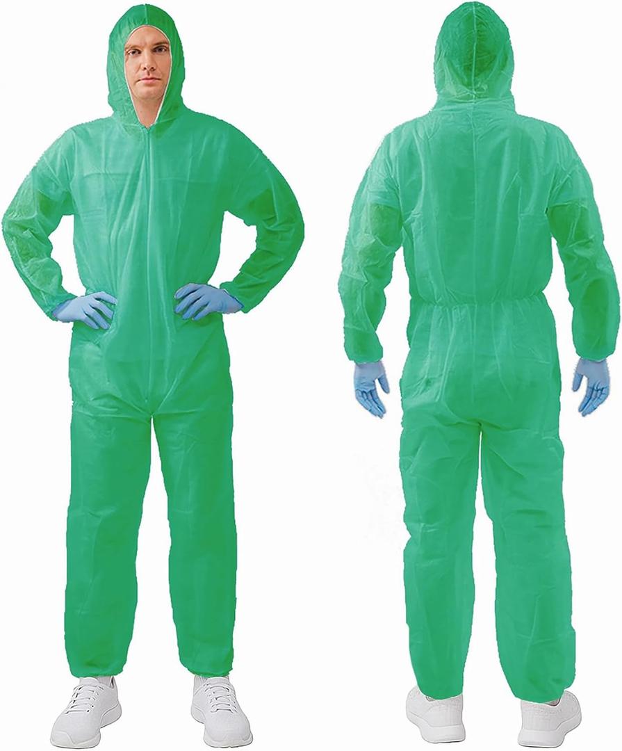 2 x Hazmat Suits,10 Colors Options Disposable Protective Coveralls, Paint Suit with Elastic Wrists Ankles and Hood (Green, XXL)