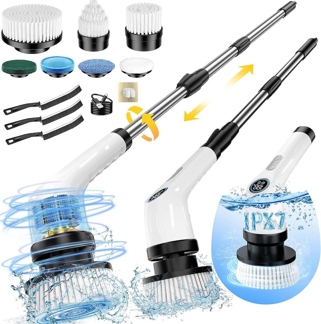 Electric Spin Scrubber, Full-Body IPX7 Waterproof Cordless Power Cleaning Brush with Adjustable Extension Handle, 2-Speed Shower Scrubber with 7 Replaceable Brush Heads for Bathroom, Kitchen Cleaning (Black White)