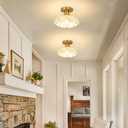 Semi Flush Mount Ceiling Light, Green Glass Ceiling Light Fixture, Vintage Ceiling Lighting with Flower Shaped, Indoor Close to Ceiling Lights, Brass Modern Lighting for Hallway Kitchen Bedroom