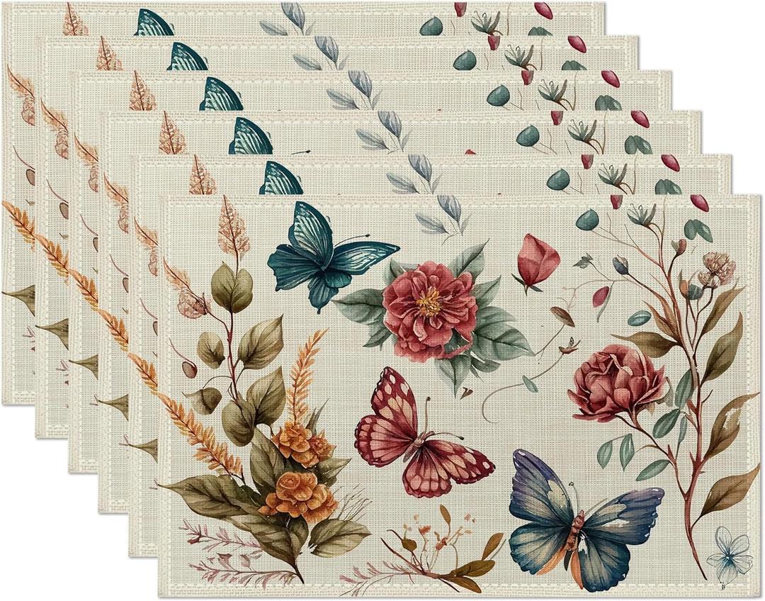 Butterfly Floral Vintage Placemats Set of 6, 12x18 Inch Waterproof Stain Resistant Linen Table Placemats Summer Seasonal Farmhouse Kitchen Party Decor Home Decor