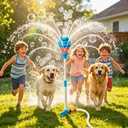 2 in 1 Water Sprinkler & Bubble Machine for Kids, Automatic Outdoor Toy with Lights & Sounds, 2 Bottles & 10 Refill Packs Bubble Solution, Summer Backyard Yard Play Toy, Blue, Battery Not Included