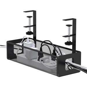 DELAMU Under Desk Cable Management Tray - Cable Management Tray No Drill with F-Clamp Design, Metal Mesh Cord Organizer, Sturdy Wire Organizers for Cords for Home Office Standing Desk, Black