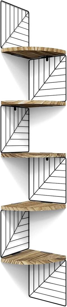 Love-KANKEI Corner Shelf Wall Mount of 5 Tier Rustic Wood Floating Shelves Wall Shelves for Bedroom Living Room Bathroom Kitchen Office and More Carbonized Black
