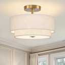 2 Light Semi Flush Mount Ceiling Light Fixture 12.6 Inch Modern Gold Drum Lights Fixture with 2-Layer Fabric Shade Dimmable Close to Ceiling for Living Room Hallway Bedroom Entryway