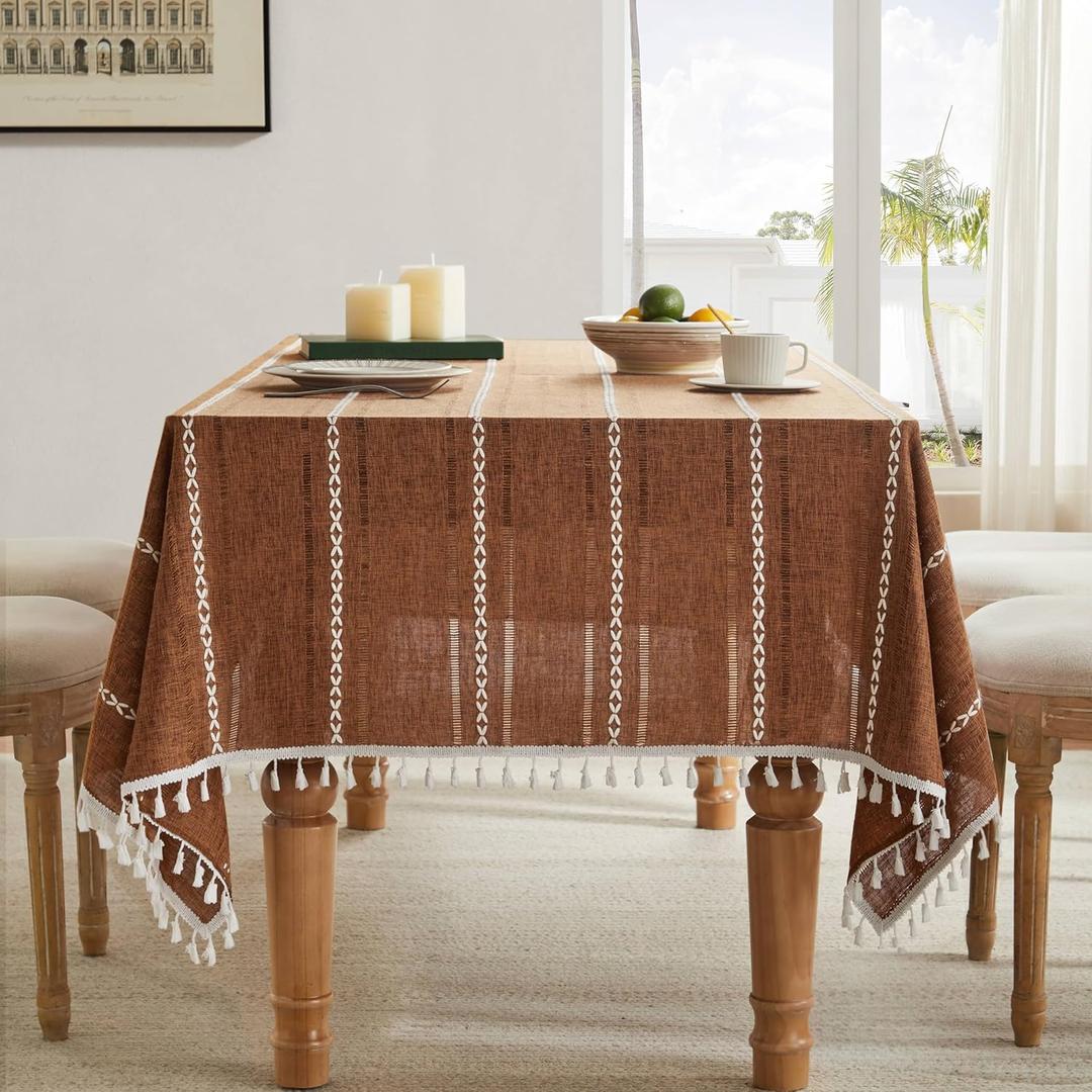 ZeeMart Hemstitched Embroidery Striped Boho Tablecloth 60x84 Inch Caramel, Heavy Weight Farmhouse Burlap Linen Orange Brown Tablecloth, Wrinkle Resistant Washable Table Cloth for Rectangle Table