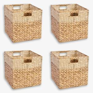 Set of 4 Water Hyacinth Storage Baskets, Hyacinth Cube Storage Basket, Woven Baskets for Shelves (10.5x10.5)