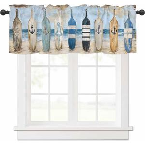 Blue Coastal Curtain Valances for Windows, Nautical Anchor Kitchen Valance Window Treatment, Ocean Wood Barn Beach Light Filtering Block Curtains for Bathroom/Bedroom/Living Room 54'' x 18'' (Blue Brown Cream)