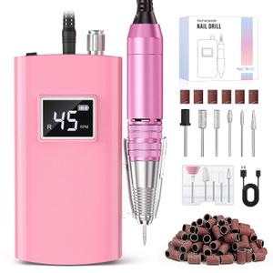 Beloving Portable Nail Drill Professional, 45000RPM Rechargeable Nail Drill Electric File Machine for Acrylic Gel Polish Remover, Cordless Nail Kit for Manicure Pedicure with 11 Bits for Salon Home (Pink)