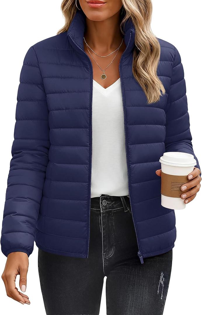 YUCOLEN Women's Puffer Jacket Quilted Winter Coat Padded Stand Collar Full-zip Warm Lightweight Puffer Coats (X-Large, Navy Blue)