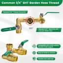 2 Way Brass Garden Hose Splitter Heavy Duty, 360° Rotatable Y Valve, Full Flow Large Ball Valve, 304 Stainless Steel Long Handle, 3/4" GHT Thread for Outdoor Faucet Lawn Irrigation Car Wash