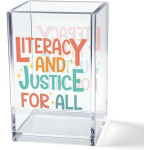 Literacy and Justice for All Acrylic Cosmetic Pencil Pen Holder Cup, Reading Book Club Pen Holder Cup, Bookish Gifts, Social Justice Gifts for Women Mom Sister Friend Coworker Librarian Teacher