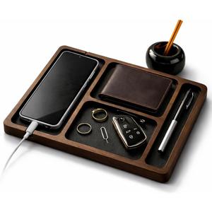 Desk Organizer Tray for Men with Ceramic Pen Holder, Wooden Valet Tray, Minimalist EDC Desk Organizer for Phone, Wallet, & Keys, Nightstand Bedside, Entryway, Birthday Gift for Men, Dad, Husband