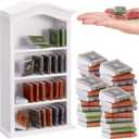 36 Pcs 1:12 Scale Miniatures Dollhouse Books and 1 White Wooden Bookcase,4 Floors Furniture Display Bookshelf Cabinet Mini Assorted Books,Dollhouse Decoration Accessories for Home Bedroom