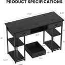 DUMOS 48" Small Computer Home Office Desk for Bedroom with Drawers, Gaming Writing Study Table with Storage Shelf, Adjustable Feet, Metal Frame Black