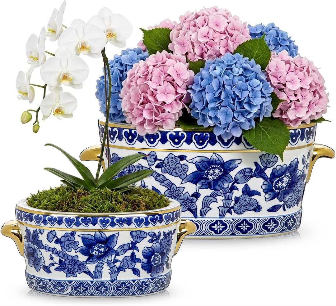Blue and White Ceramic Planter Pot – Vintage Floral Oval Cachepot Vase for Indoor Plants, Flowers & Succulents – Glazed Porcelain Style Chinoiserie Décor – 7.4" and 10.6" Size – No Drainage