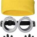 3 Pcs Halloween Costume Accessories Adult, Vintage Goggoles Eyewear Glasses/Yellow Beanie Knit Hat/Black Gloves for Kids Men Women Cosplay Party Set
