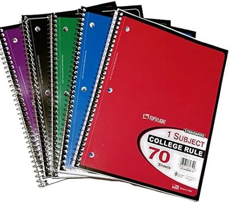 Top Flight College Rule 70 Page Spiral-Bound Notebooks, 5 Pack Bundle Made in The USA
