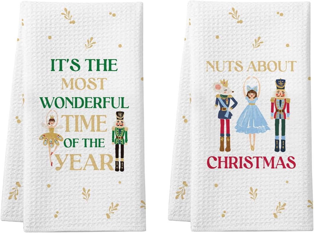2 x Cheroloven Nutcracker Christmas Towels, 2 Pack Holiday Kitchen Dish Towels, Funny Nutcracker Xmas Bathroom Hand Towels, Christmas Kitchen Bathroom Decorations, White Elephant Gifts for Women Men