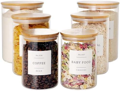 CZZGSM Set of 5 Glass Flour and Sugar jars with 132 Kitchen Pantry Labels - Thicken Large Glass Storage containers with Airtight Bamboo Lid - Rice Canisters for Salt Coffee - 100OZ/54OZ/27OZ
