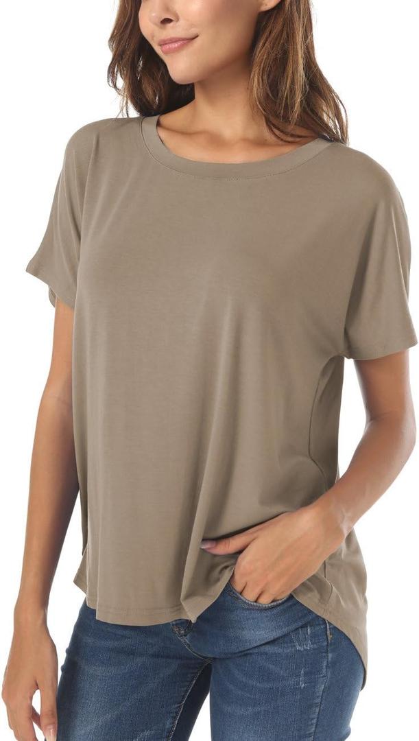 Herou Casual Summer Short Sleeve High Low Loose T Shirt Basic Tees Tops for Women (X-Large, 01-light Coffee)