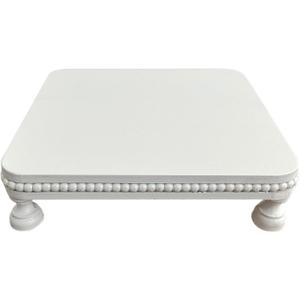 dwellington Farmhouse Display Wood Riser, 12" Decorative Beaded Pedestal Stand, Square Tiered Tray Decor for Kitcher Decor, Countertop (White)