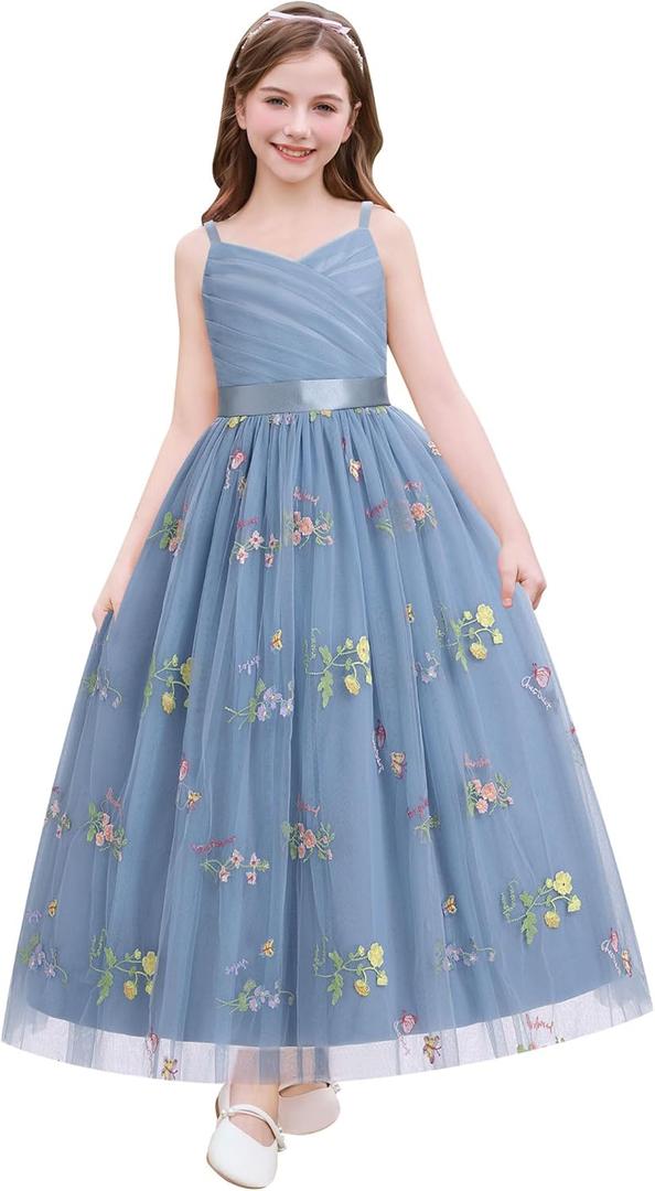 IDOPIP Flower Girl Dress for Wedding Formal Pageant Dresses for Girls Junior Bridesmaid First Communion Birthday Tulle Gown (7-8 Years, Dusty Blue)