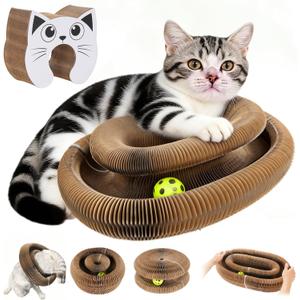 Twisty Paws Cat Toy - Magic Organ Kitty Curl Scratcher with Bell-Ball, Magnetic & Foldable Cardboard Shape Shifting, Interactive Accordion Kurlz Board for Indoor Cats