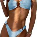 WDIRARA Women's 2 Piece Strapless Smocked Ring Bandeau Bikini Set Swimsuit Bathing Suits (Large, Baby Blue)