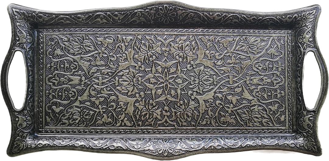 Metal Serving Tray with Raised Edges, Vintage Design Tray, Rectangular Metal Serving Tray, Decorative Serving Platter, Turkish Ottoman Coffee Tea Beverage Serving Square Tray (Smoke Gray)