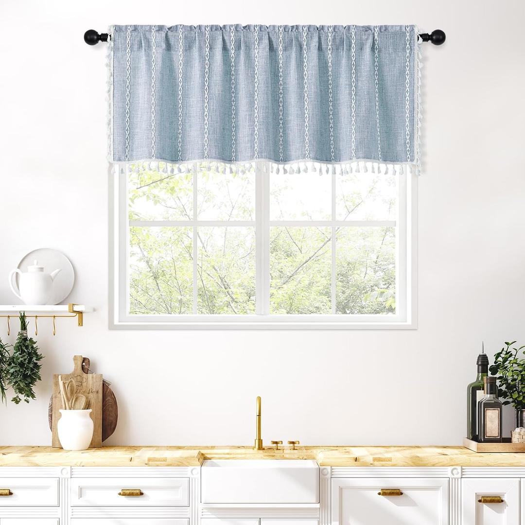 MitoVilla Boho Farmhouse Kitchen Valances for Windows, Blue French Country Valance Curtains for Living Room/Bedroom, Modern Rustic Cotton Linen Tassel Topper Window Curtain, 52W x 18L