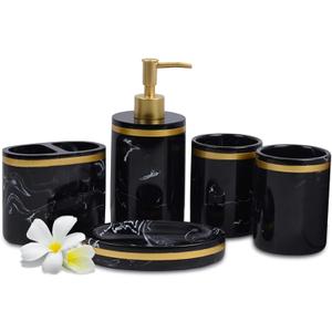 5-Piece Bathroom Counter Top Accessory Set - Dispenser for Liquid Soap or Lotion, Soap Dish, 2 Tumblers and Toothbrush Holder, Marble Pattern Resin (Classic Black)