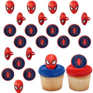 DecoPac Marvel's Spider-Man Spider and Mask Rings, Spider-Man Cupcake Decorations, Red and Blue Food Safe Cake Toppers 24 Pack