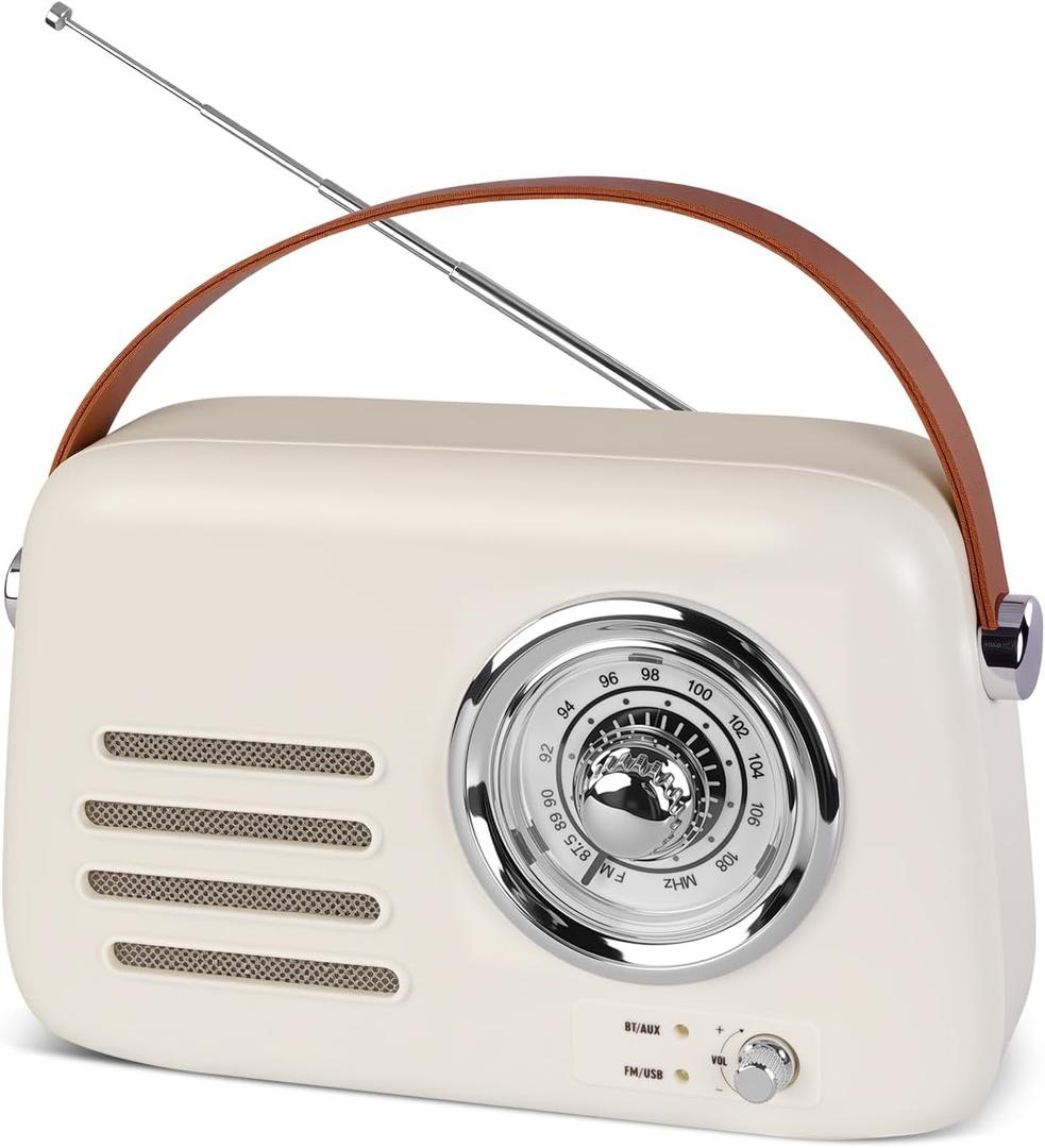Vintage Bluetooth Speaker with FM Radio - Portable Wireless Boom Box, Over 20 Hours Battery Life Retro Radio (Bluetooth/FM/AUX/USB), Rich Bass, for Home, Office, Camping & Gifts (Beige)