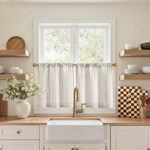 jinchan Striped Linen Kitchen Curtains 20 Inches Tier Curtains Farmhouse Modern Cafe Style Small Window Treatments Airy Light Filtering Rod Pocket for Living Room Bathroom 2 Panels Taupe Grey 26"W x 20"L