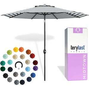 MIDTOWN UMBRELLAS The Lean 9 Feet Outdoor Umbrella With Terylast Matter Stripes (Grey/White Stripes) Polyester Fabric - Auto-Tilt Aluminum Frame Patio Umbrella For Deck, Garden, Pool - Black Pole