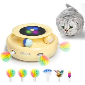 ORSDA Cat Toys 2-in-1 Interactive Cat Toys for Indoor Cats, Automatic Cat Toy Balls, Ambush Feather Kitten Toys with 6pcs Feathers, Dual Power Supplies, Adjustable Speed, Auto On/Off (Butter Yellow)