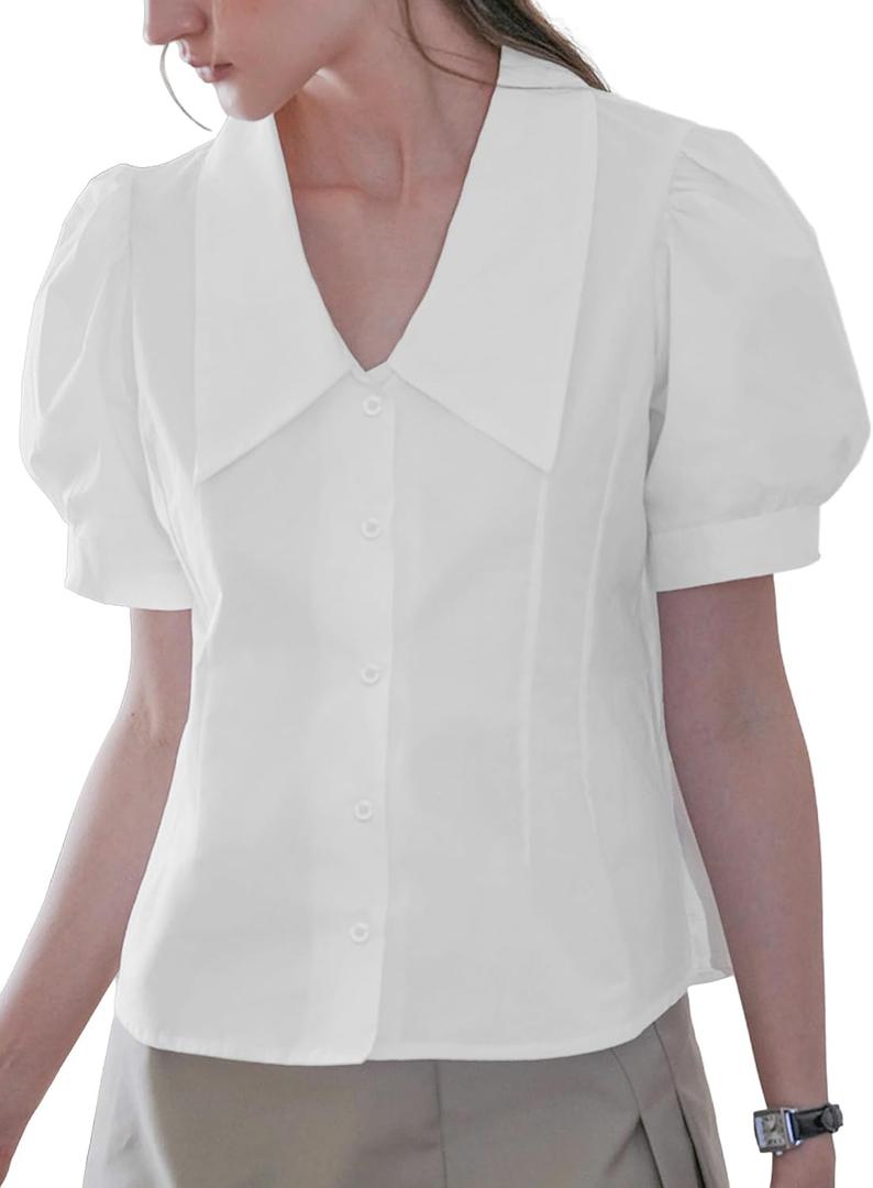 Women's Short Sleeve Button Down Shirt, Deep Collar Puff Sleeves Blouse, Pleated Waist Top for Casual & Office Wear (White, L)