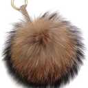 6" Large Fluffy Genuine Pom Pom Keychain Puffy Ball Car Keyring/Bag Purse Charm (Natural brown)
