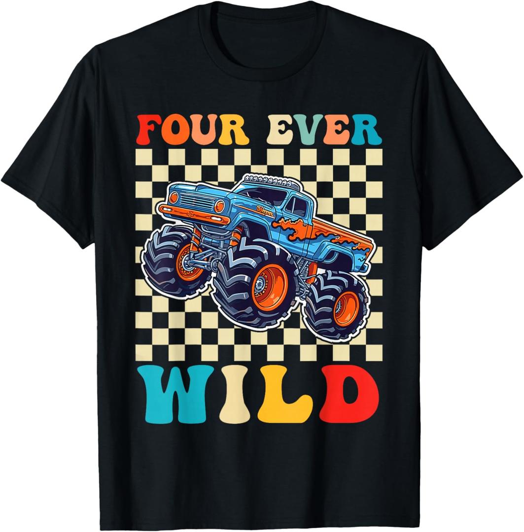 Funny Four Ever Wild 4th Birthday Kids Monster Truck T-Shirt XS