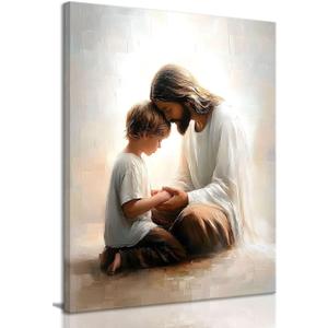 KISSFOX Jesus Canvas Wall Art Jesus and Little Boy Wall Art Christian Religious Serenity Prayer Art Prints Artwork For Prayer Living Room Bedroom Kitchen Boy Room, 16x24 inch