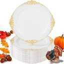 Nervure 100Pcs White and Gold Plastic Plates - 10.25Inch Gold Disposable Plates - Heavyweight Dinner Plate for Wedding & Party & Thanksgiving