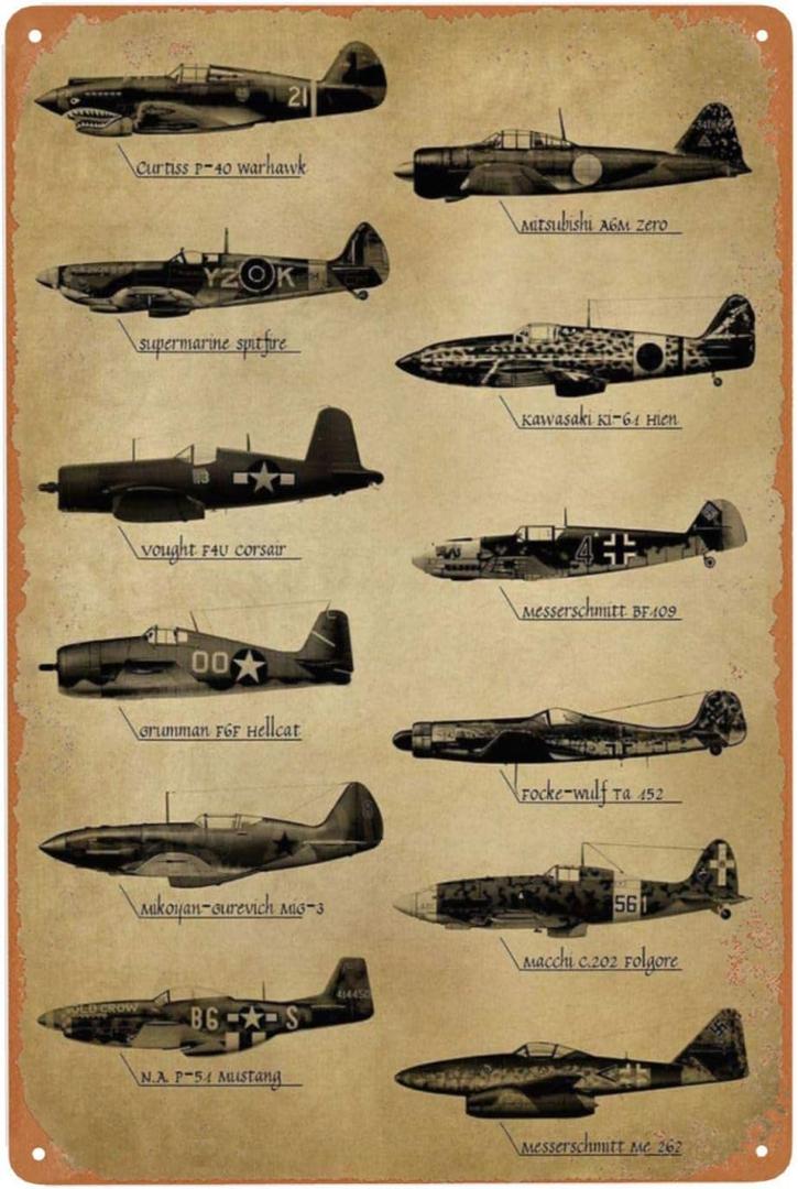 4 x WWII Fighter Planes Vintage Metal Sign, Military Posters Retro Tin Sign for Man Cave Bar Garage Pubs Hotel Wall Art Decor Gift 8 x 12 Inch