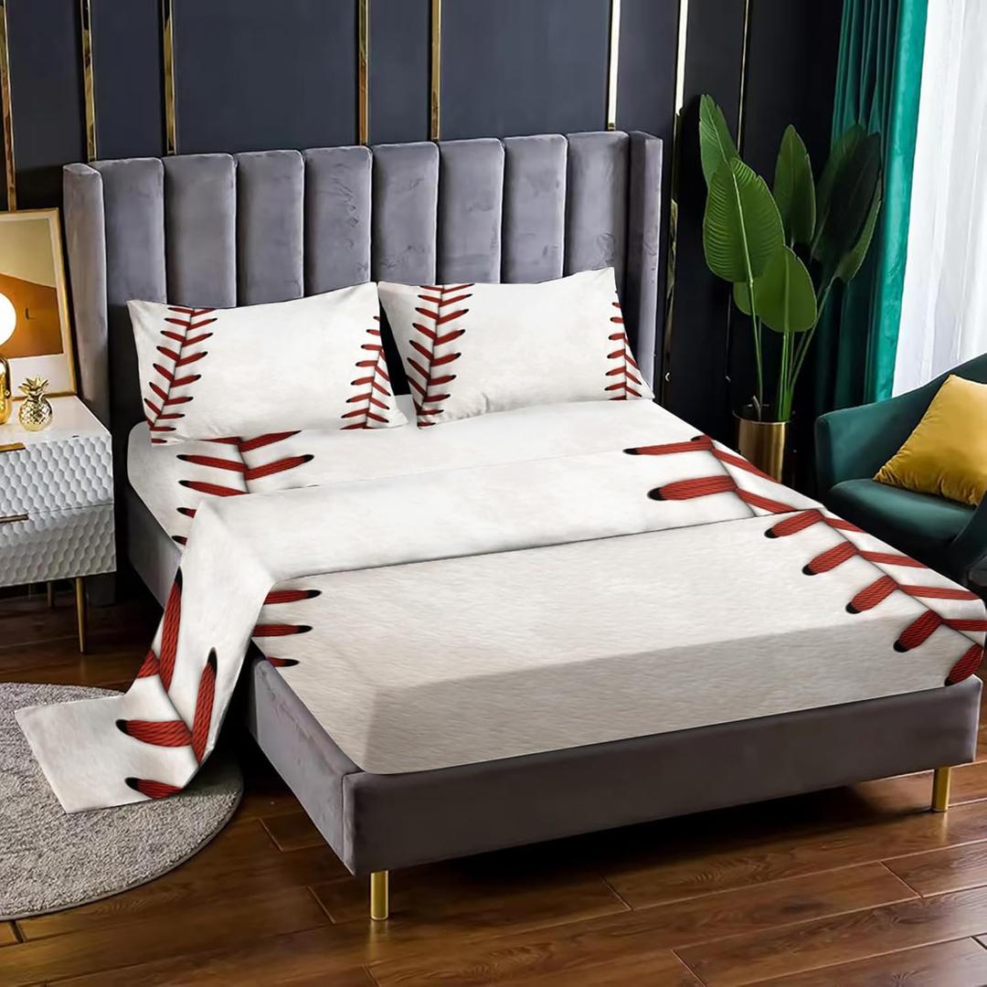 Baseball 4 Pieces Bed Sheet Sets Twin Size Baseball Bedding Sets with 16" Deep Pockets Sports Bedroom Decor,Bedding Set 4 PCS(1 Fitted+1 Flat+2 Pillowcases)