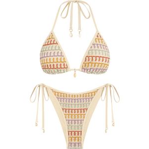 ZAFUL Women's Colorblock Stripes Triangle Halter Tied Cheeky Thong Bikini Set High Cut Two Piece Bathing Suit (2-Beige, S)
